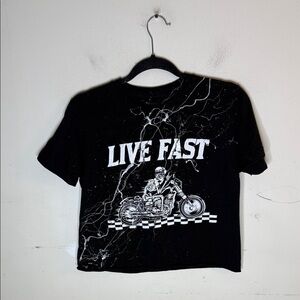 The Drive Black 'Live Fast' Cropped Raw Hem Short Sleeve Motorcycle Top Small